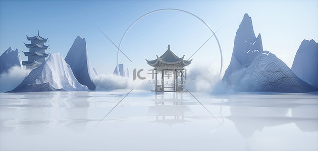 空间c4d背景图片_新中式水墨空间C4D立体山水背景