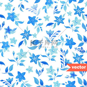 抽象植物背景背景图片_老式的蓝色花朵图案