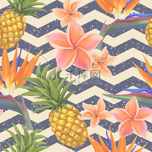 无缝背景叶背景图片_热带奇花异草和菠萝向量中的无缝背景