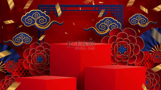 2022剪纸背景图片_中秋节、中秋节、红剪纸、花卉及亚洲元素，背景为工艺风格.
