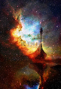 海盗船在空间和星星，计算机的拼贴，船木龙.