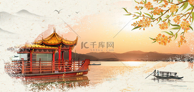 游船背景背景图片_杭州西湖日落画舫简约中国风海报背景