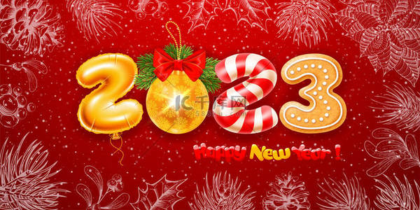 winter字背景图片_Merry Christmas and Happy New Year 2023. Creative greeting with digits 2023 made of golden foil balloon, christmas ball, gingerbread and candy cane. Frame with hand draw winter plants. Vector