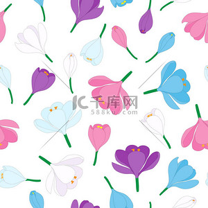 平铺花卉背景图片_春天背景与手绘的番红花. 