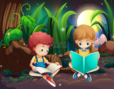 童年读书背景背景图片_男孩和女孩阅读书在花园里