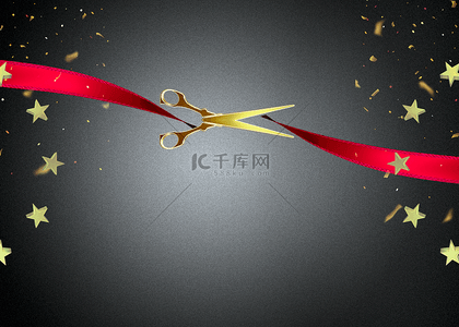 红色背景周年庆背景图片_金色剪刀丝带黑色背景
