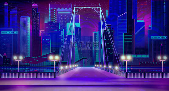 夜城霓虹灯， 桥入口， 码头， 灯