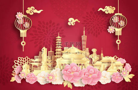 中国成都有世界著名的地标和美丽的中国灯笼剪纸风格矢量插图