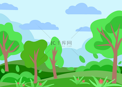 插画草地扁平背景图片_树林森林卡通风格简单绿色树木背景