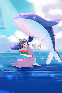 清新插画少女背景图片_夏天少女鲸鱼蓝色渐变卡通夏日清新背景