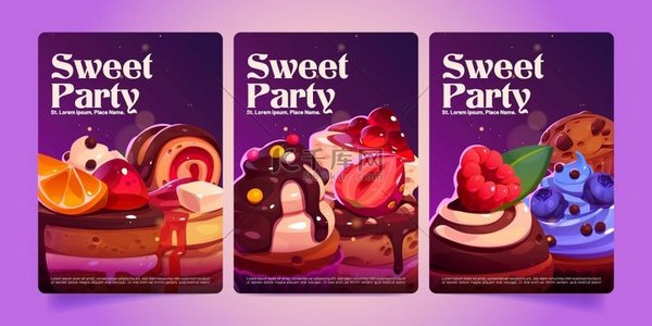 甜蜜派对海报、面包店或糖果店品尝活动、带有甜点、糖果、蛋糕、松饼和纸杯蛋糕的邀请传单以及水果、浆果和浇头、卡通矢量广告插图。