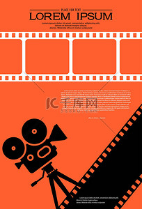 时间设计背景图片_带三脚架上电影放映机轮廓的电影带。复古电影背景。电影节模板与文字横幅，传单，海报。电影时间概念。电影业的设计.
