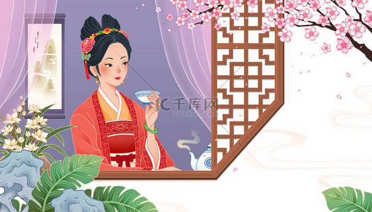 休闲生活背景背景图片_中国古代女孩坐在窗边，享受着一杯热茶，享受着平面设计中的休闲与健康生活