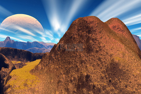 宇宙岩石背景图片_3d 渲染的幻想外星人的星球。岩石和天空 