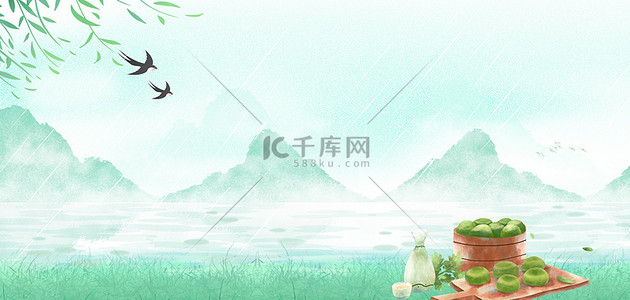 春季踏青海报背景图片_清明节山水青团绿色中国风清明海报背景