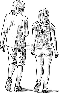 夏天情侣手绘背景图片_步行对年轻人
