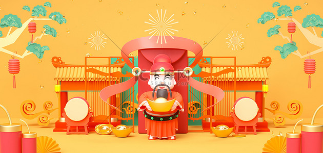 武财神神像背景图片_新年兔年财神黄色C4D3D立体背景