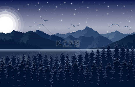 星空下的森林和河流的夜山景观