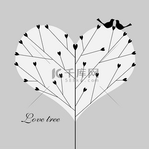 情人节卡通背景背景图片_有几只鸟的爱情树.