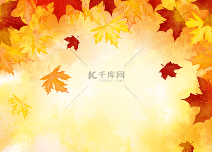 红水彩背景图片_树叶秋季水彩红黄色彩飘落叶片背景