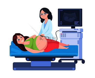 妊娠超声扫描妇女在妇科腹部检查卡通医生检查孕妇矢量卡通诊所场景妊娠超声扫描妇女在妇科腹部检查卡通医生检查孕妇矢量
