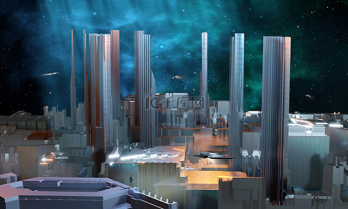 船上背景背景图片_人类在现代科幻小说工业城市的登陆宇宙飞船上，背景是五彩斑斓的星云。3D插图