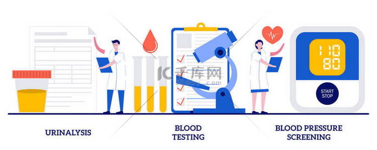 检测背景图片_尿液透析，血液检测，血压检测的概念与微小的人。临床实验室分析摘要向量图集.健康检查，生物标记隐喻.