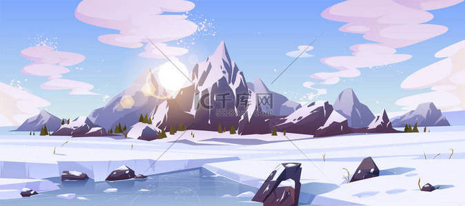 ice背景图片_Cold winter in Canada, wild northern nature rocky landscape cartoon vector background with morning sun rising over mountains snowy peaks, field of snow, frozen, ice-bound river or lake illustration