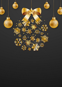 圣诞节质感垂吊金黄蝴蝶结和灯球装饰背景