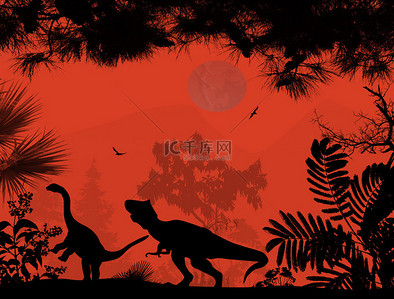 丛林动物背景图片_在美丽的风景中的恐龙剪影