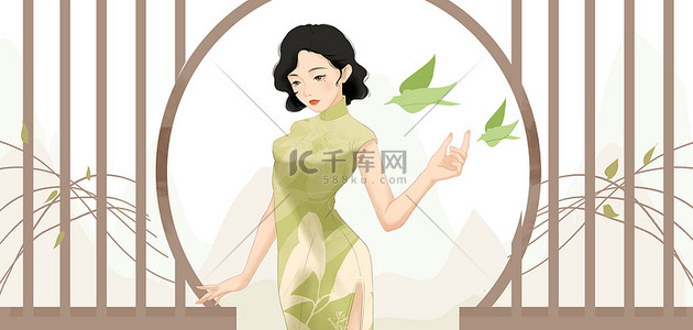 风美女背景图片_老上海国风美女中国风简约背景