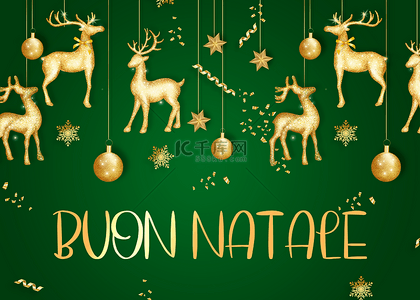 麋鹿绿色背景图片_意大利圣诞节快乐金色麋鹿背景