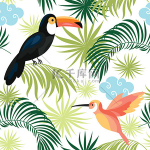 白summer背景图片_pattern with tropical birds