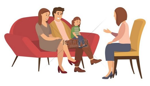 父母、孩子和女性心理学家或心理治疗师之间的对话。