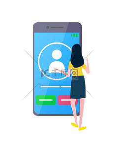 使用手机点击屏幕矢量的女性，使用智能手机的女士和显示用户配置文件和拒绝按钮的显示器，并接受孤立的平面样式。