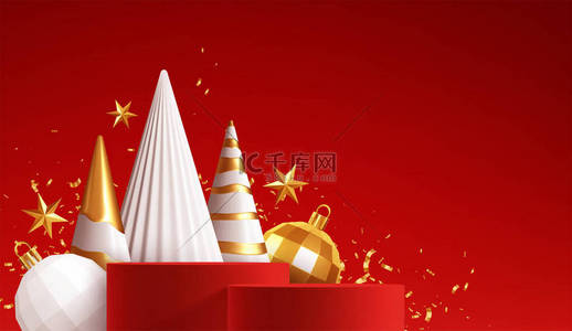 康乃馨手工背景图片_圣诞节快乐手工制造的节日背景。红色产品讲台，红色背景的白色和金色圣诞装饰。矢量说明