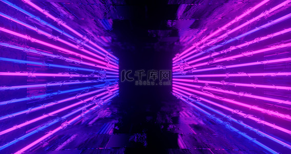元宇宙背景图背景图片_3d 渲染。霓虹灯对黑暗隧道的几何形状。激光线发光。霓虹灯背景