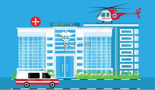 汽车平面背景图片_医院, 汽车救护车, 建筑屋顶上的医疗直升机-平面式-艺术矢量.
