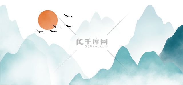 冬季风景手绘插画背景图片_山峰日出飞鸟山水水墨背景