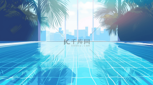 蓝色泳池背景图片_夏季被植物围绕的泳池背景