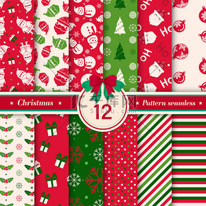 圣诞节圣诞节网页背景图片_圣诞快乐图案无缝收集与红色和绿色的颜色。设置12圣诞节的背景。无尽的纹理礼品包装, 壁纸, 网页横幅背景, 包装纸和织物图案. 