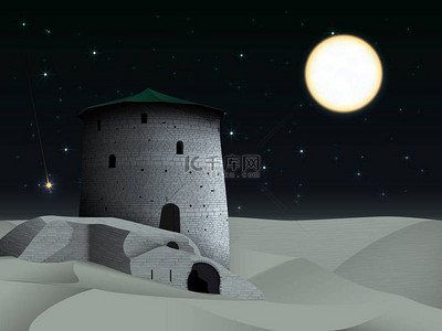 星空背景图片_夜的风景与老塔和毁坏的墙壁在沙漠, 在星空与明亮的满月和下落的星