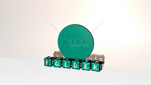 金属镜面背景图片_FOLDER的3D表示，墙壁上有图标，文字用金属立方体字母排列在镜面，用于概念意义和幻灯片演示。图解和业务