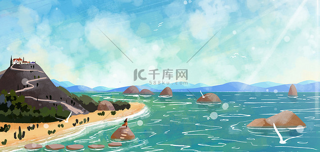 卡通夏日小清新背景图片_夏天大海蓝色卡通夏日海边风景