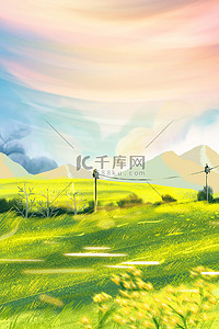 绿色卡通云朵背景图片_春游风景绿色卡通海报