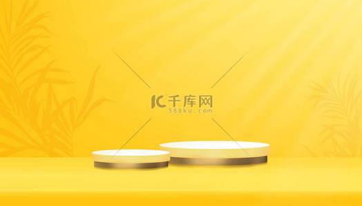 Gold Cylinder Podium in Yellow Background Room Studio,Yellow Gallery room with circle display showcase,Vector 3D minimal design backdrop banner for products promotion or Sales on Summer holiday 