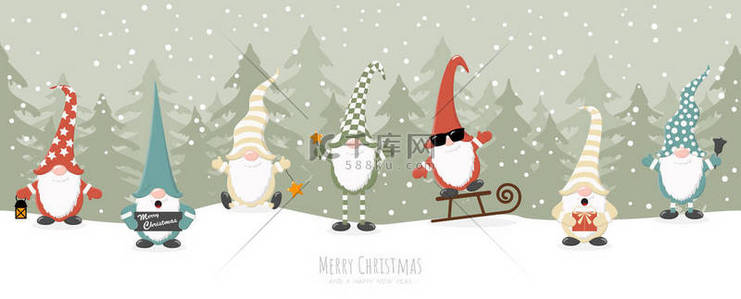 new背景图片_christmas gnomes with different characters for christmas and winter time concepts, falling snow, woodland with firs and greetings for christmas and New Year on green background