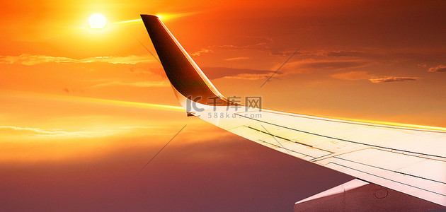 春节我们不打烊背景图片_春运飞机夕阳黄色简约背景