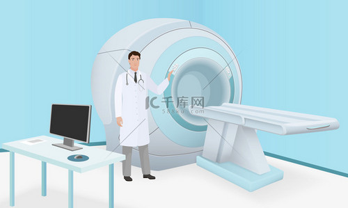 医生邀请病人对MRi机进行身体脑部扫描。在手术室进行 Mri 扫描和诊断过程。现实向量.