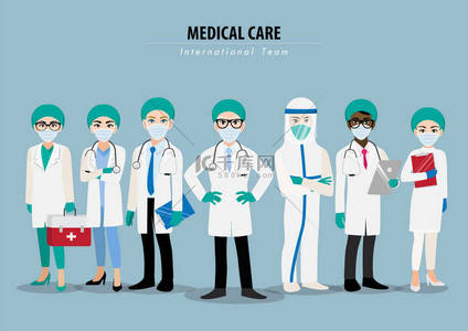 卡通人物，由专业医生和护士组成，身穿防护服，站在一起对抗头颈龙扁平图标设计病媒